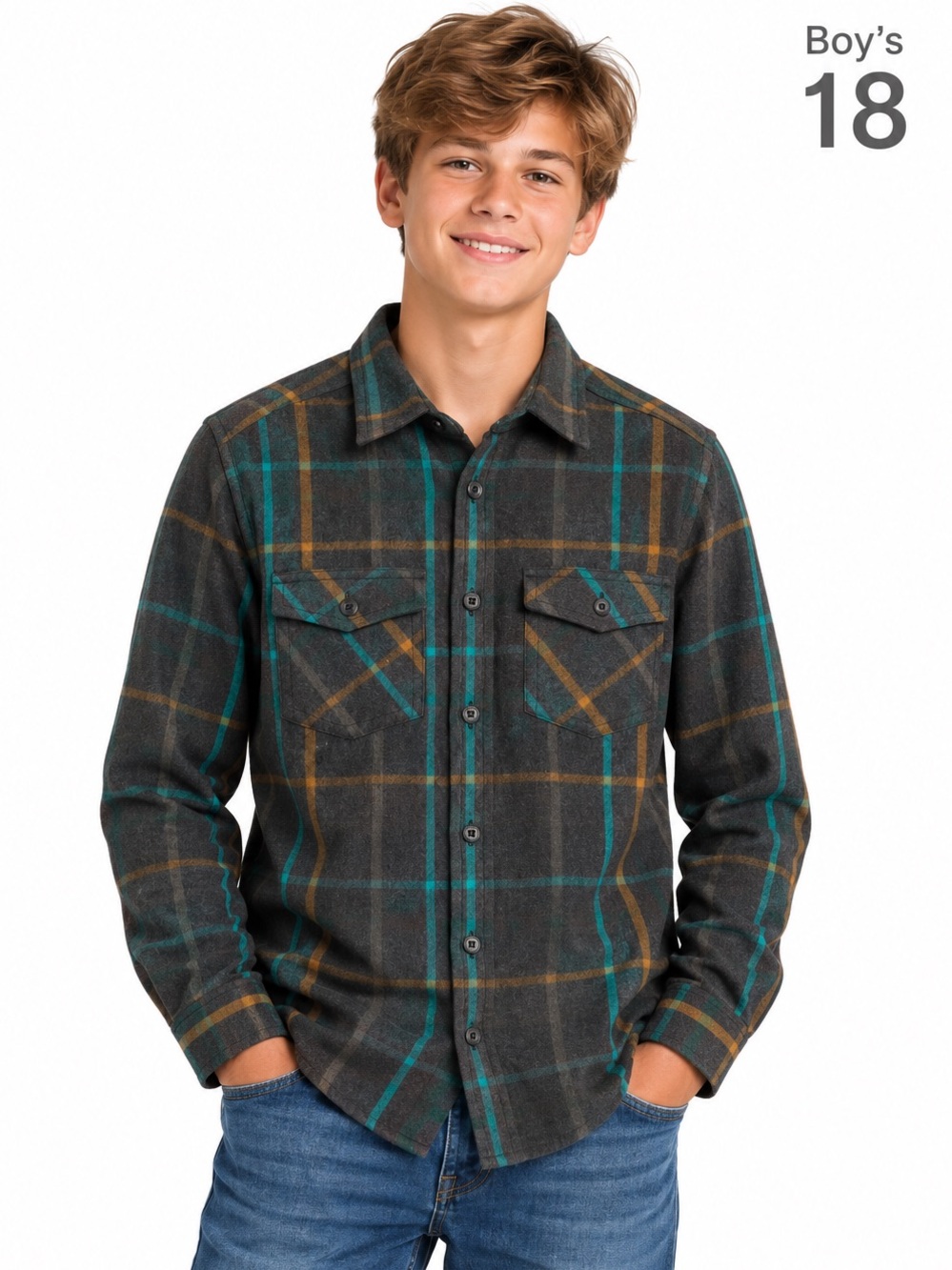BURNSIDE Morgan Long Slv Grey Plaid Flannel Button-Up Shirt Teal & Mustard Lines